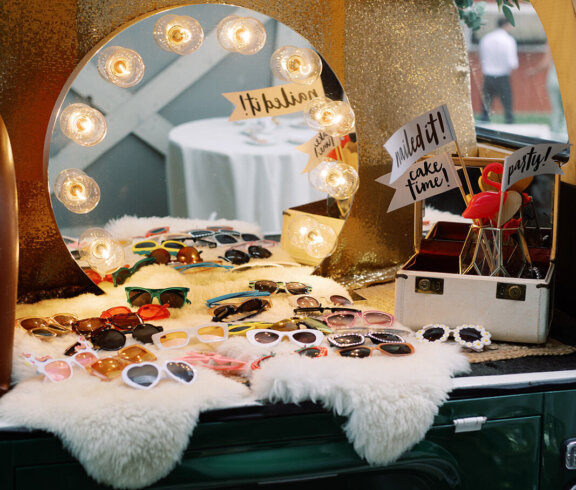 Trunk of a bus at a wedding with rental decor